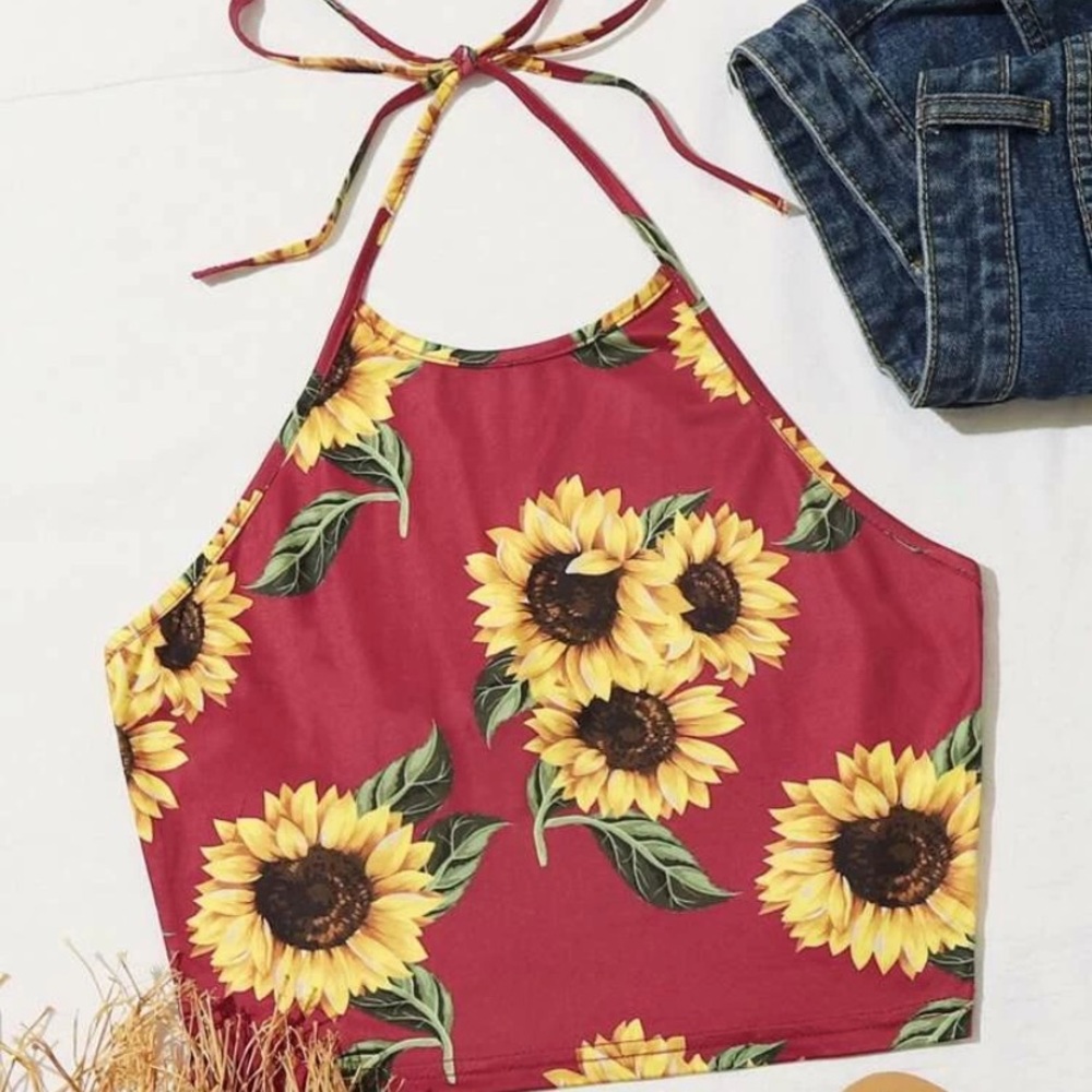 SHEIN sunflower print tie back halter top